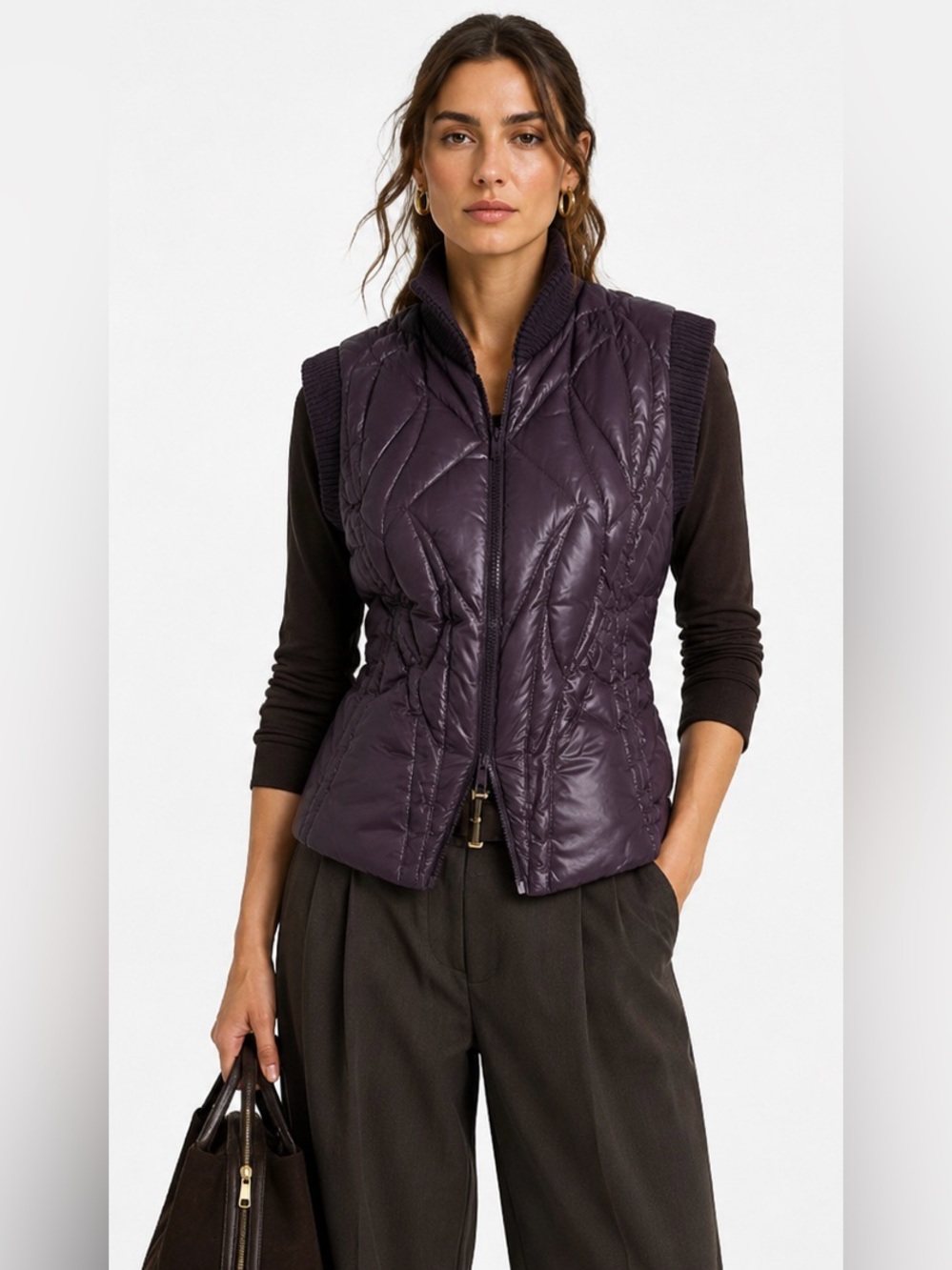 Vintage BCBG Max Azria Quilted Puffer Vest Sculptural Plum Zip Front Jacket